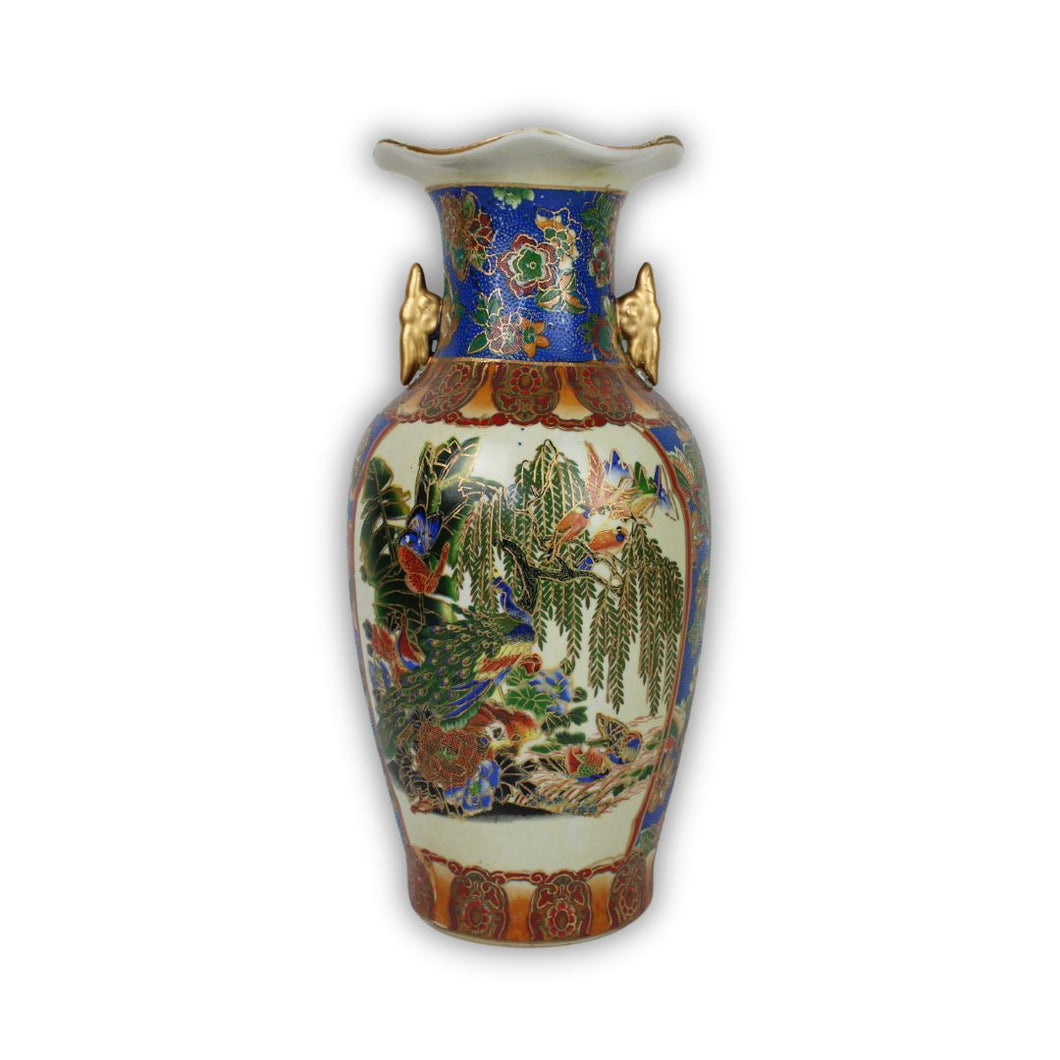 Vaso Stile Satsuma Cinese Vintage Pavoni e Fiori con Manici Dorati '70