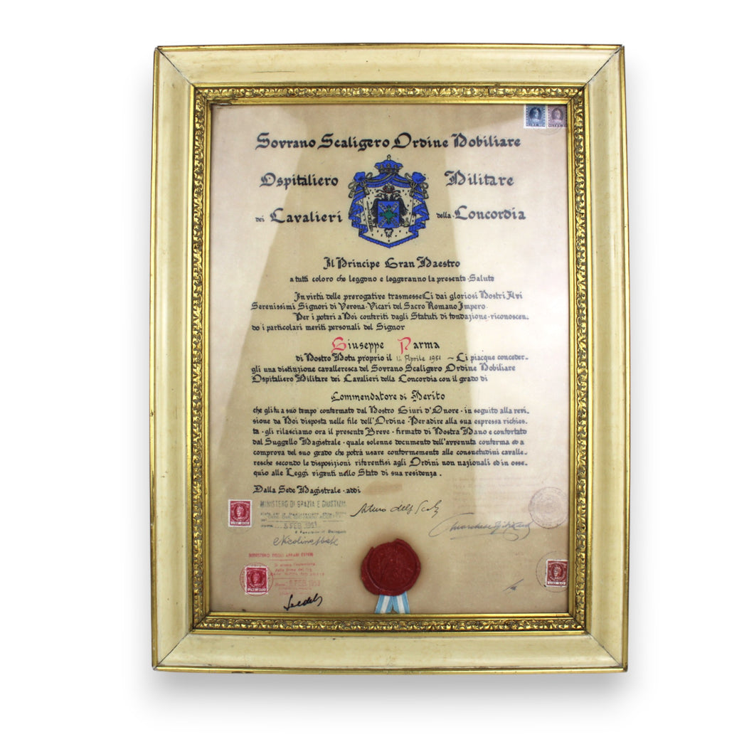 Diploma Nobiliare Incorniciato Sovrano Scaligero Ordine Ospitaliero Militare dei Cavalieri della Concordia anni 50'