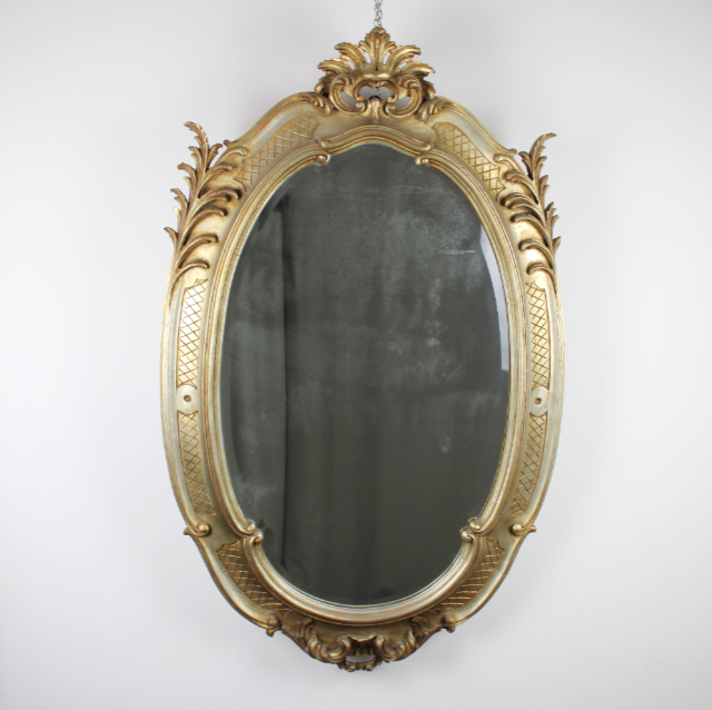 Grande Specchiera Ovale con Cornice in Legno Dorata '900