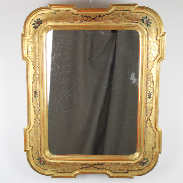 Specchio con cornice a vassoio in legno dorata bulinata e decorata a mano 1800