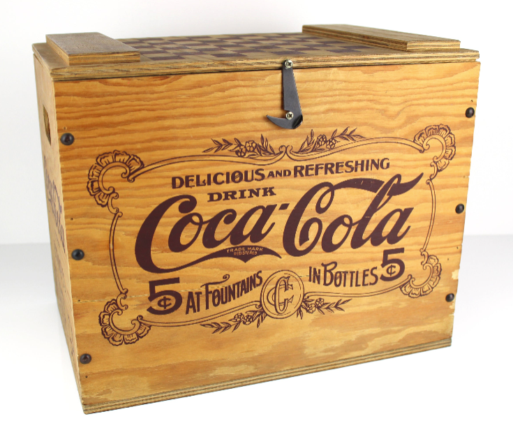 Baule Cassa di Legno COCA COLA Scacchiera ATLANTA da Collezione VINTAGE D'Epoca