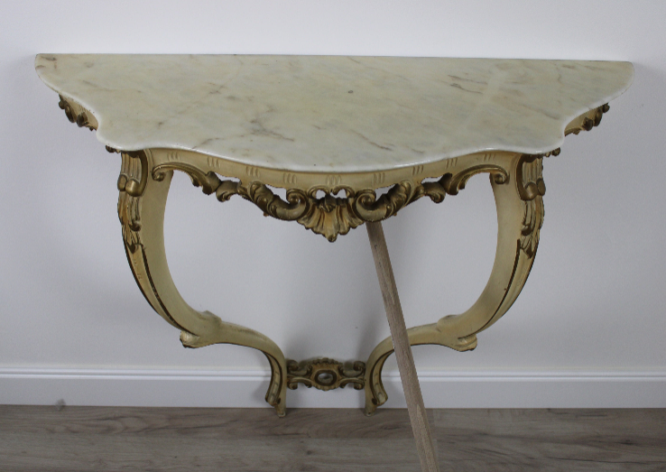 Entratina Console in Legno Bianco Panna Dettagli Dorati con Marmo Vintage Epoca